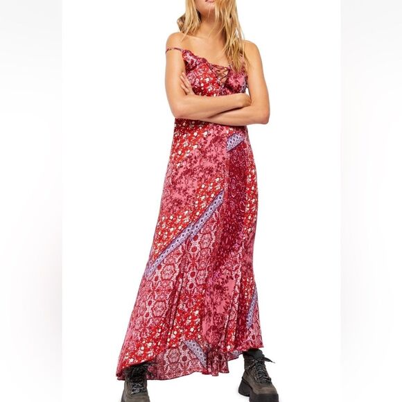 Free People Work Of Art Printed Maxi Slip | XS | Ruby Combo - Picture 1 of 9
